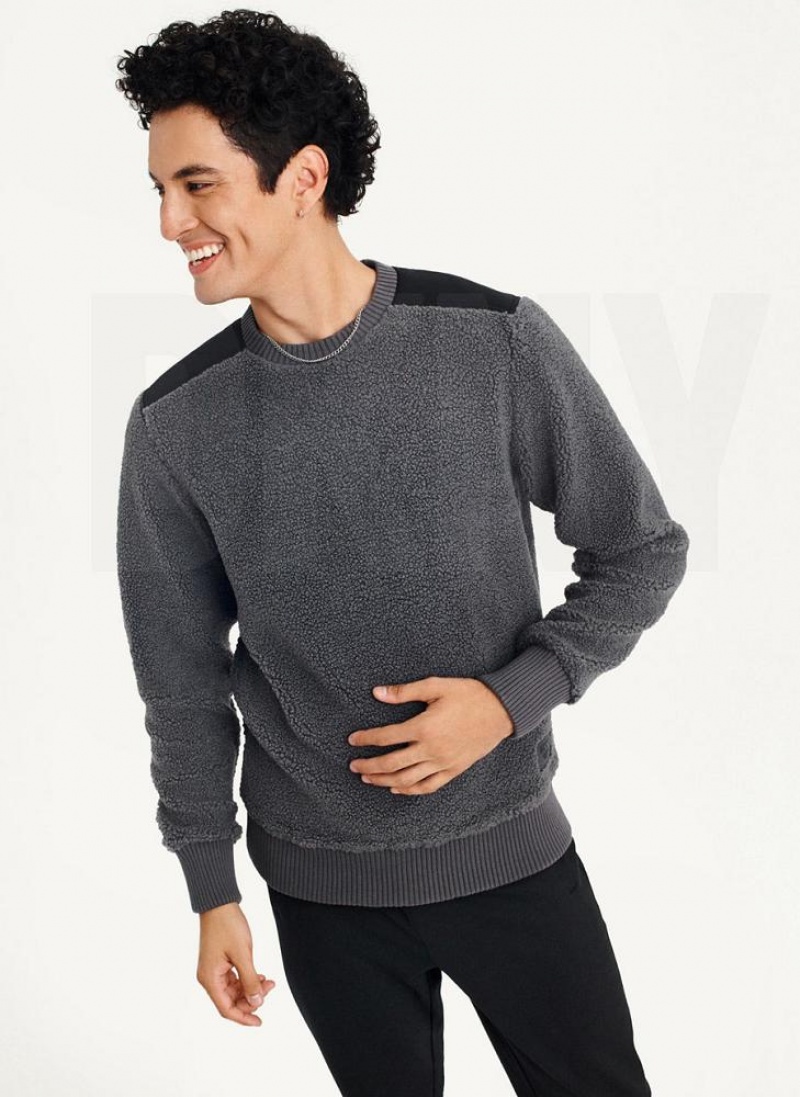 Grey Men's DKNY Sherpa Long Sleeve Crew Sweatshirts | Australia-D1150