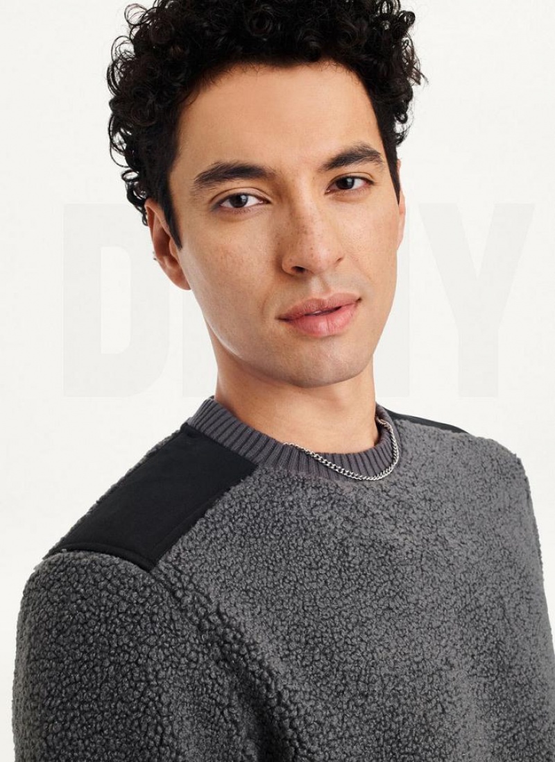 Grey Men's DKNY Sherpa Long Sleeve Crew Sweatshirts | Australia-D1150