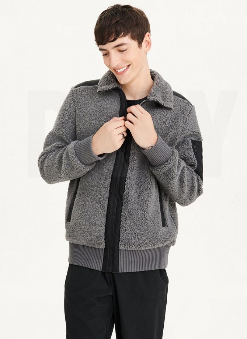 Grey Men\'s DKNY Sherpa With Nylon Trim Jackets | Australia-D0740