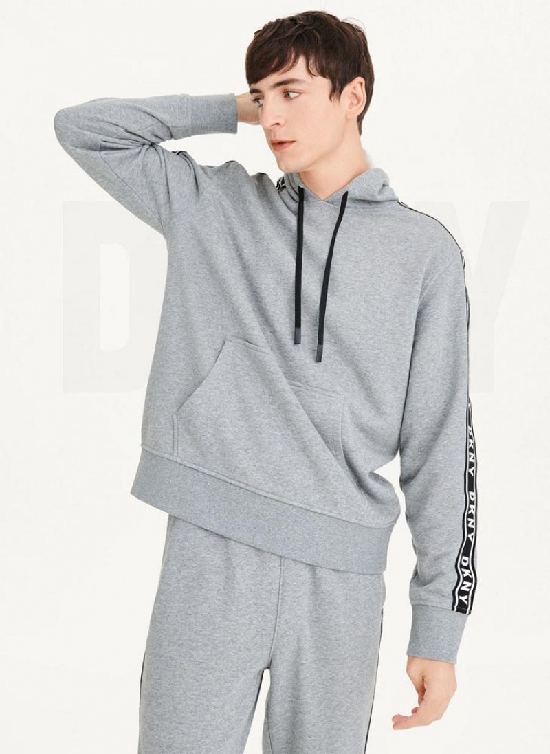 Grey Men's DKNY Taped Logo Hoodies | Australia-D0245