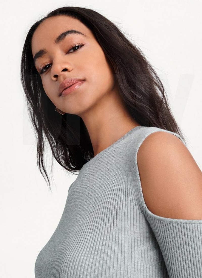 Grey Women's DKNY Crewneck Cut Out Shoulder Sweaters | Australia-D1641