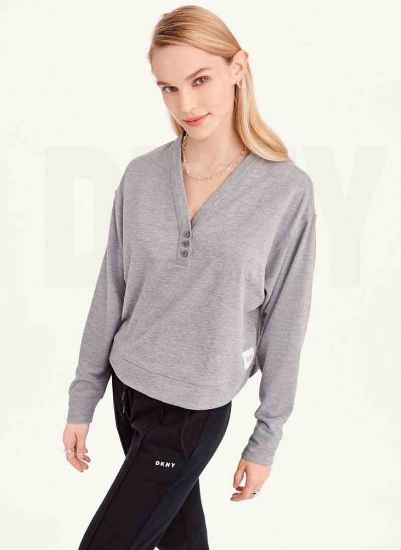 Grey Women\'s DKNY Cropped Henley Lounge Pullover Sweatshirts | Australia-D1701