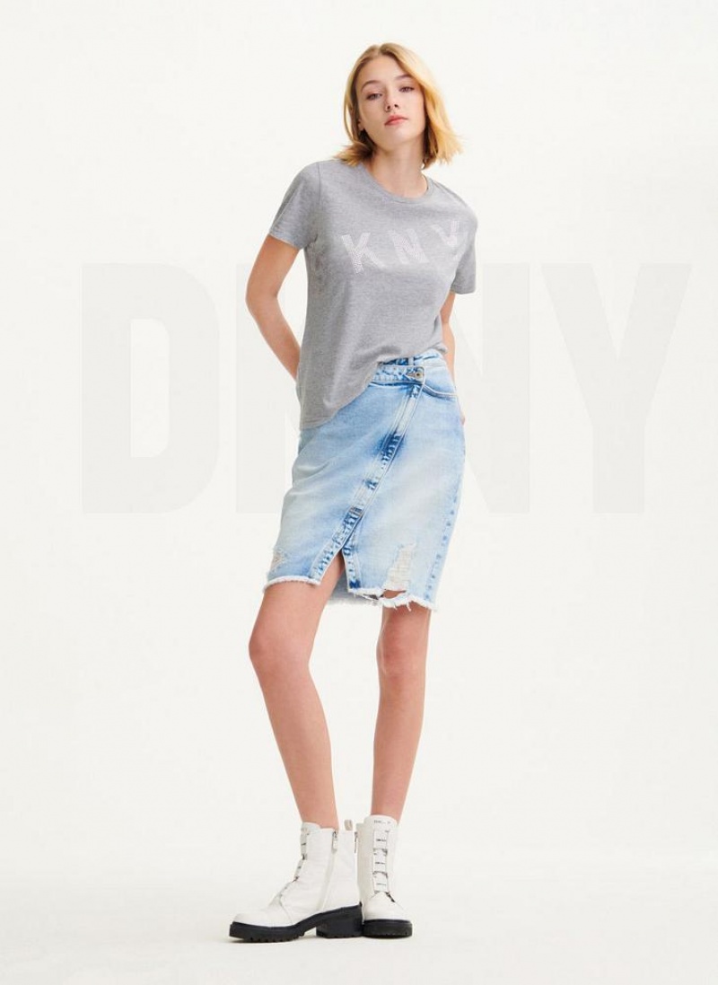 Grey Women's DKNY Diagonal Rhinestone Logo T Shirts | Australia-D0151