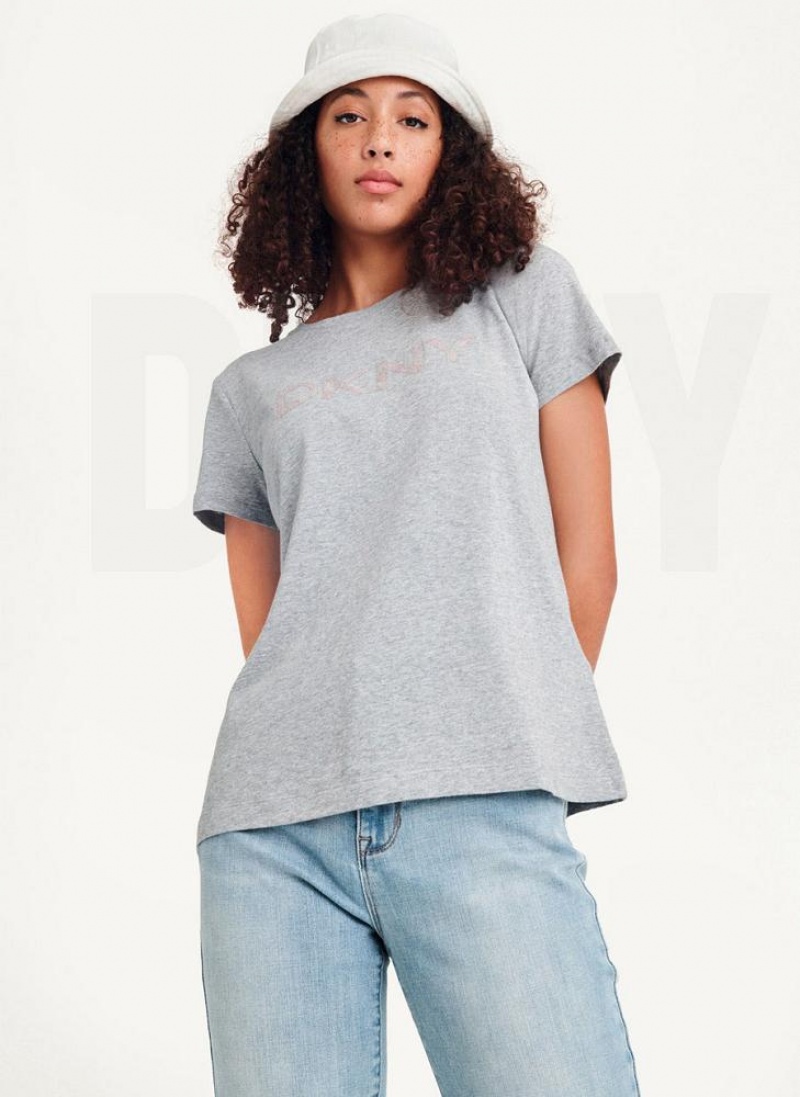 Grey Women's DKNY Glitter Logo T Shirts | Australia-D1381