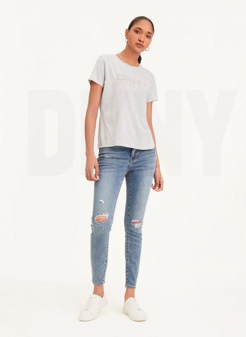 Grey Women's DKNY Glitter Logo T Shirts | Australia-D1981