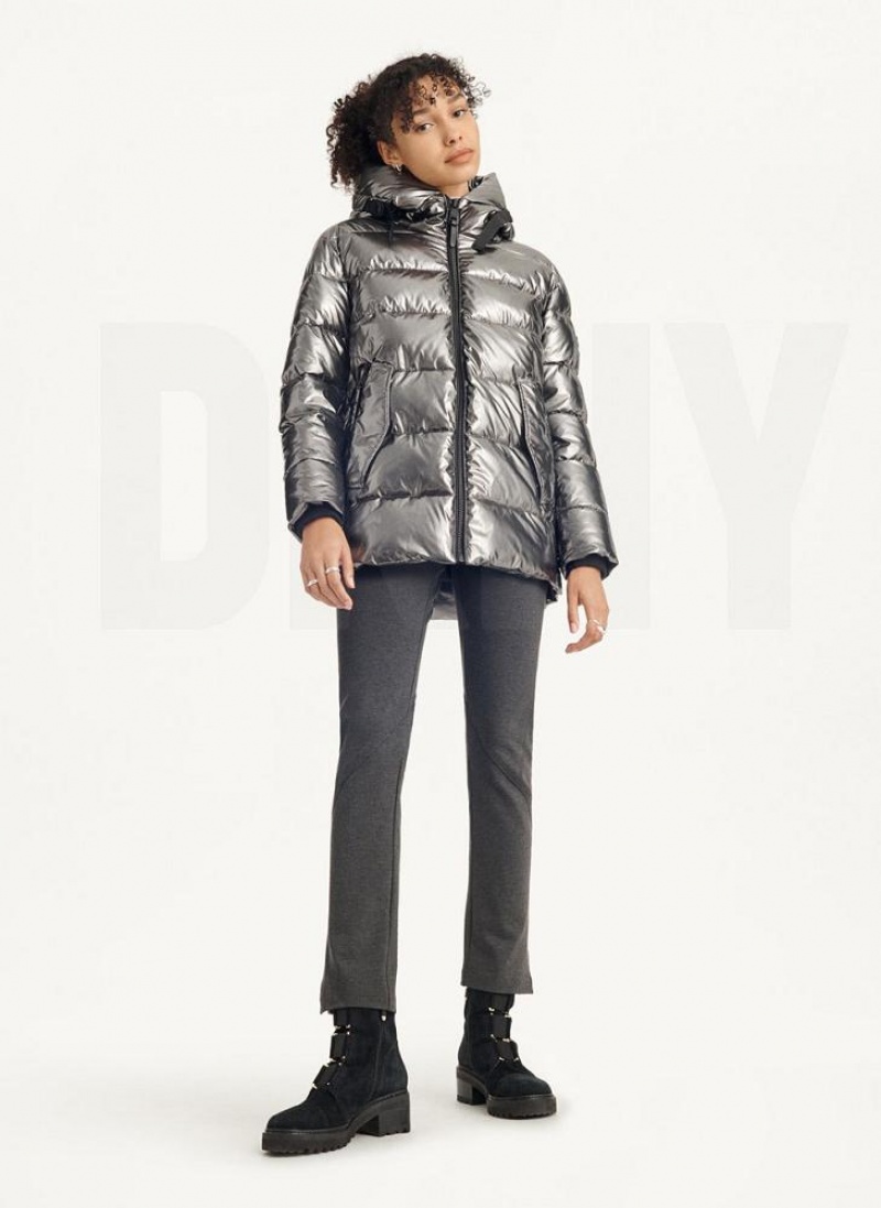 Grey Women's DKNY Glossy Mid Length Puffer Jacket | Australia-D1281