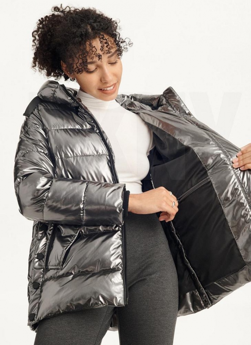 Grey Women's DKNY Glossy Mid Length Puffer Jacket | Australia-D1281