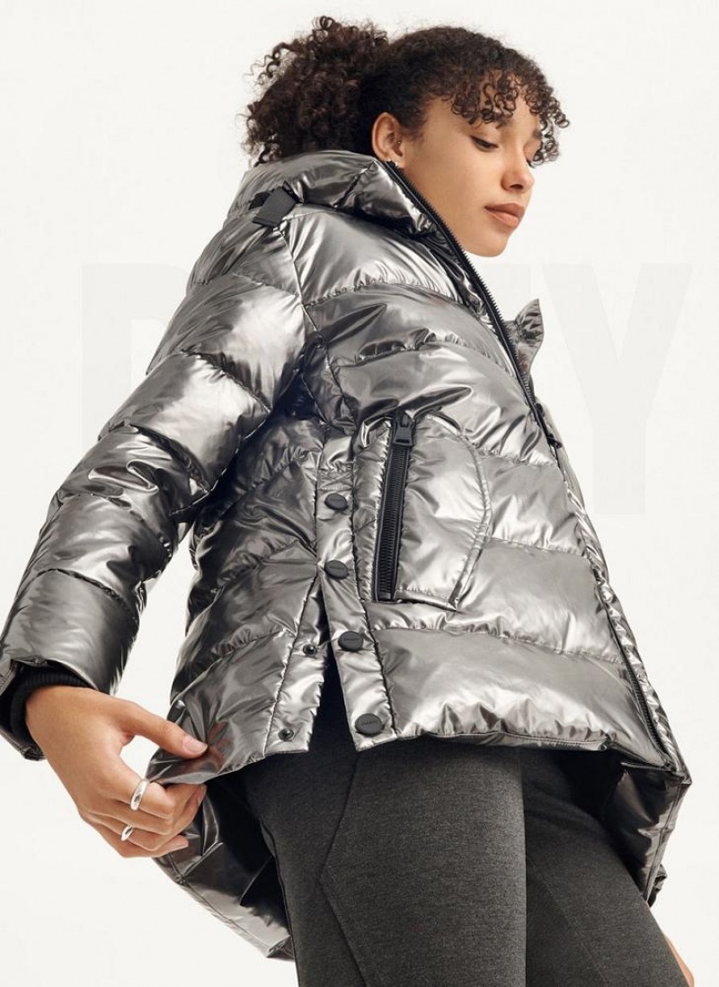 Grey Women's DKNY Glossy Mid Length Puffer Jacket | Australia-D1281