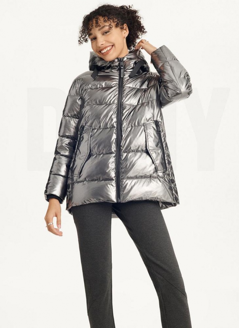 Grey Women\'s DKNY Glossy Mid Length Puffer Jacket | Australia-D1281