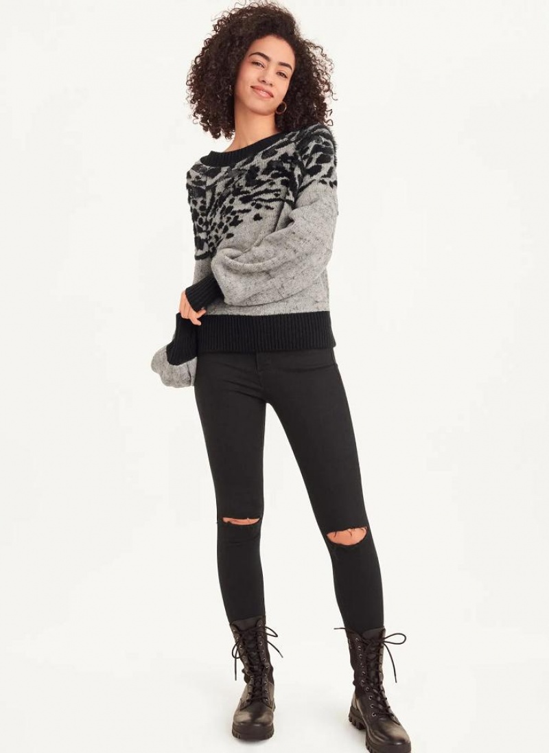 Grey Women's DKNY Long Sleeve Puff Crew Neck W-Sequin Detail Sweaters | Australia-D0200