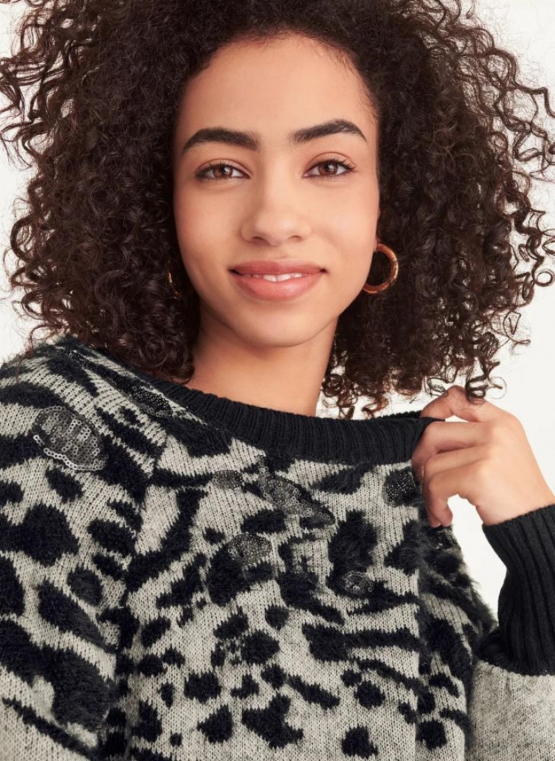 Grey Women's DKNY Long Sleeve Puff Crew Neck W-Sequin Detail Sweaters | Australia-D0200