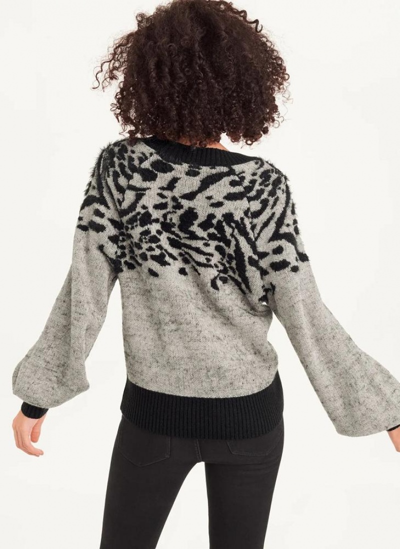 Grey Women's DKNY Long Sleeve Puff Crew Neck W-Sequin Detail Sweaters | Australia-D0200