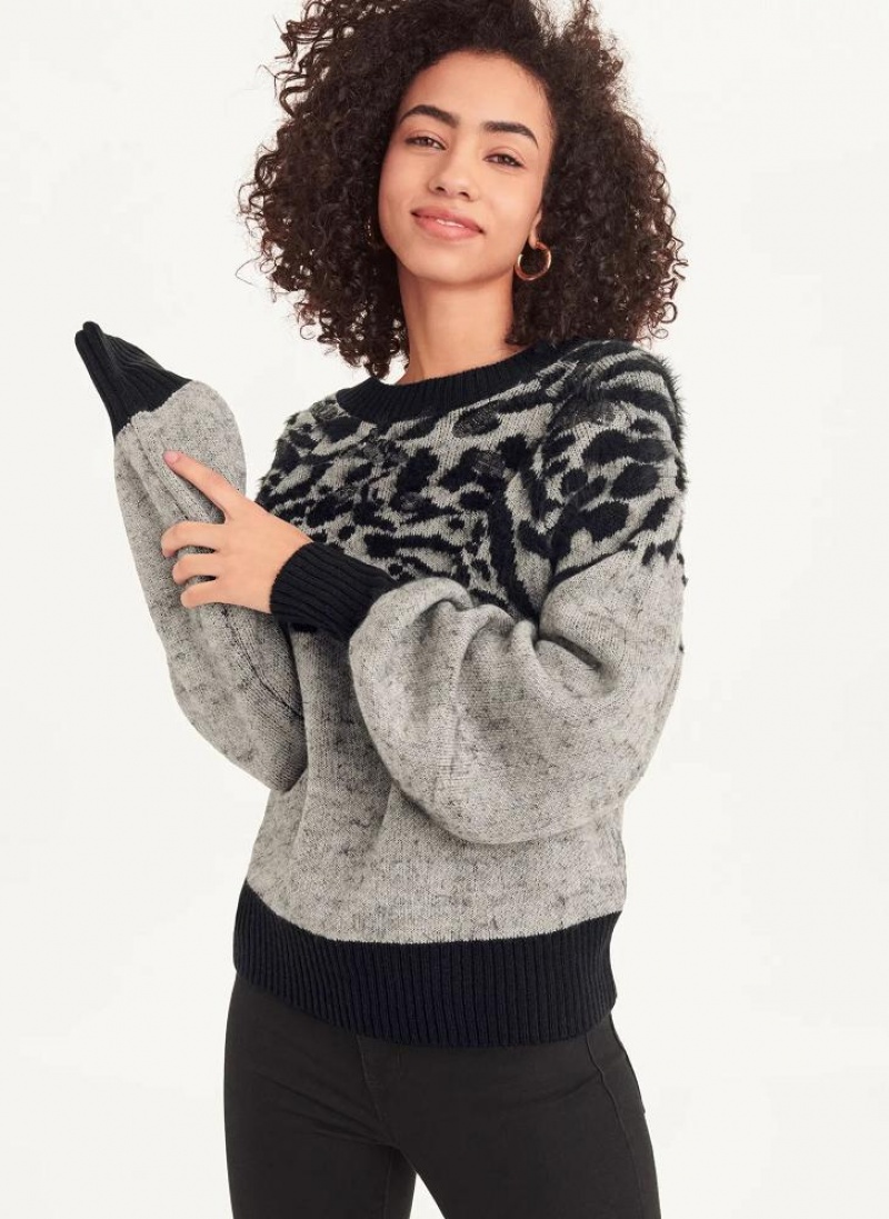 Grey Women\'s DKNY Long Sleeve Puff Crew Neck W-Sequin Detail Sweaters | Australia-D0200