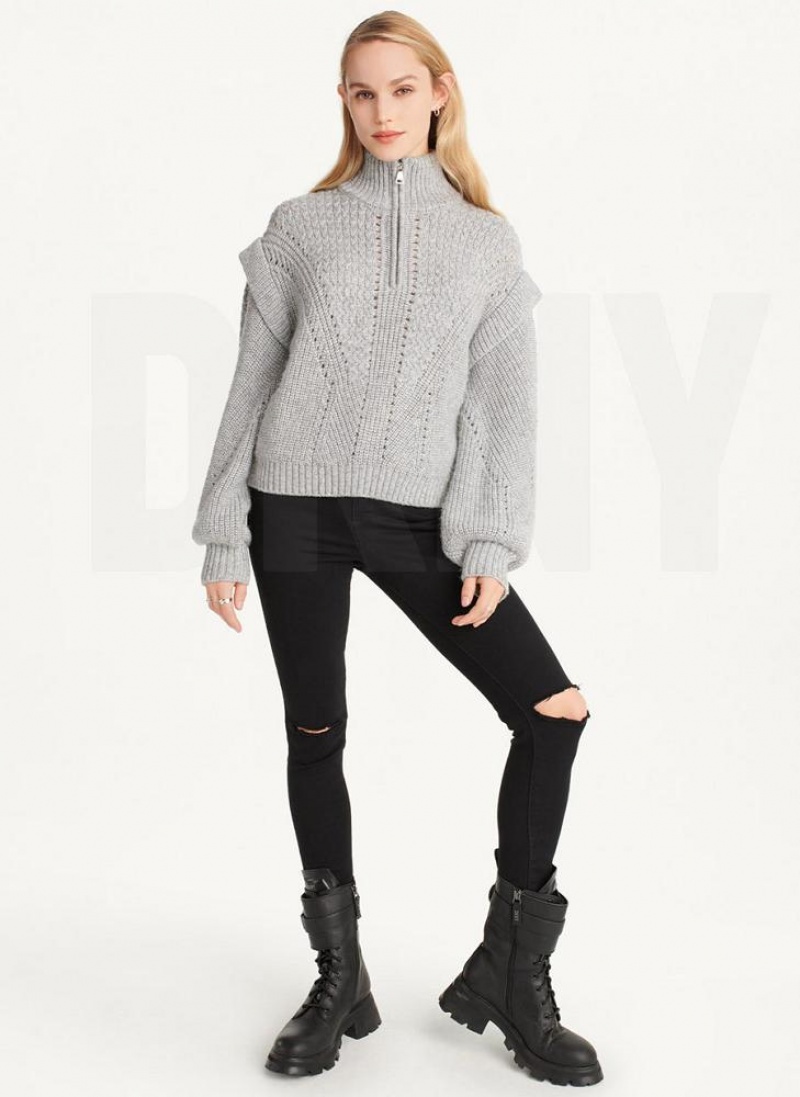 Grey Women's DKNY Quarter Zip Cable Knit Sweaters | Australia-D0832