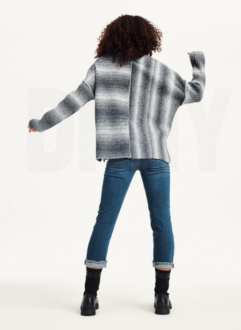 Grey Women's DKNY Striped Oversized Fitted Sleeve Sweaters | Australia-D0873