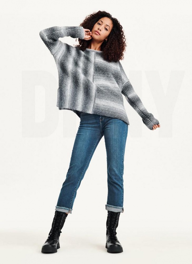 Grey Women's DKNY Striped Oversized Fitted Sleeve Sweaters | Australia-D0873