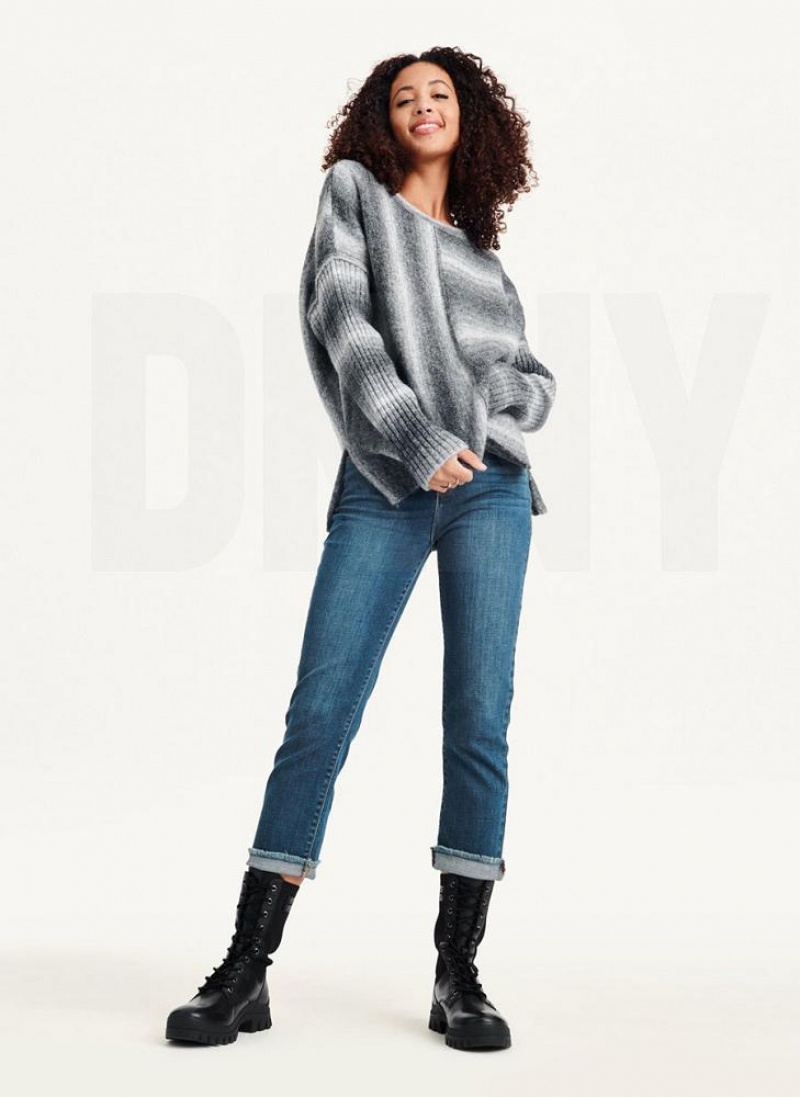 Grey Women's DKNY Striped Oversized Fitted Sleeve Sweaters | Australia-D0873
