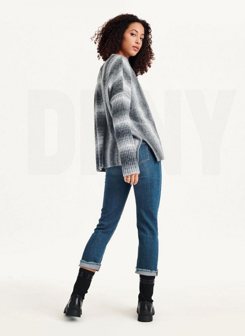 Grey Women's DKNY Striped Oversized Fitted Sleeve Sweaters | Australia-D0873