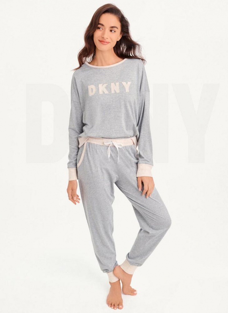 Grey Women's DKNY Top And Jogger Sleep Set Pajamas | Australia-D0463