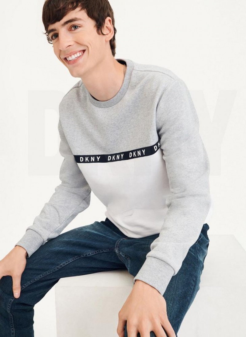 Grey / White Men's DKNY Logo Fleece Crew Sweatshirts | Australia-D1717