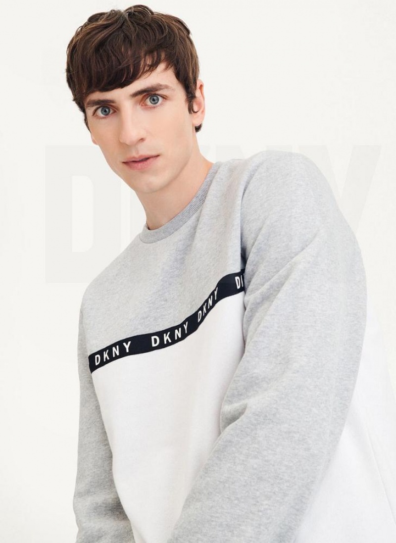 Grey / White Men's DKNY Logo Fleece Crew Sweatshirts | Australia-D1717