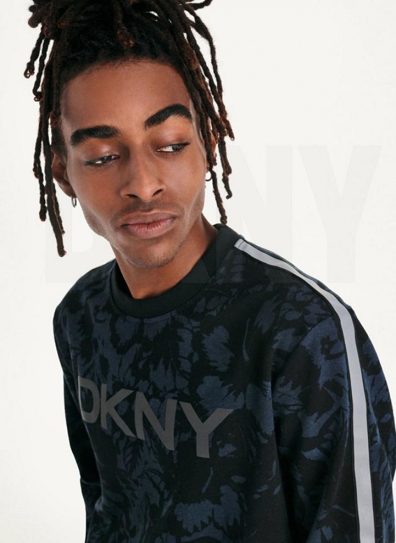 Indigo Men's DKNY Tropical Print French Terry Crewneck Sweatshirts | Australia-D0960