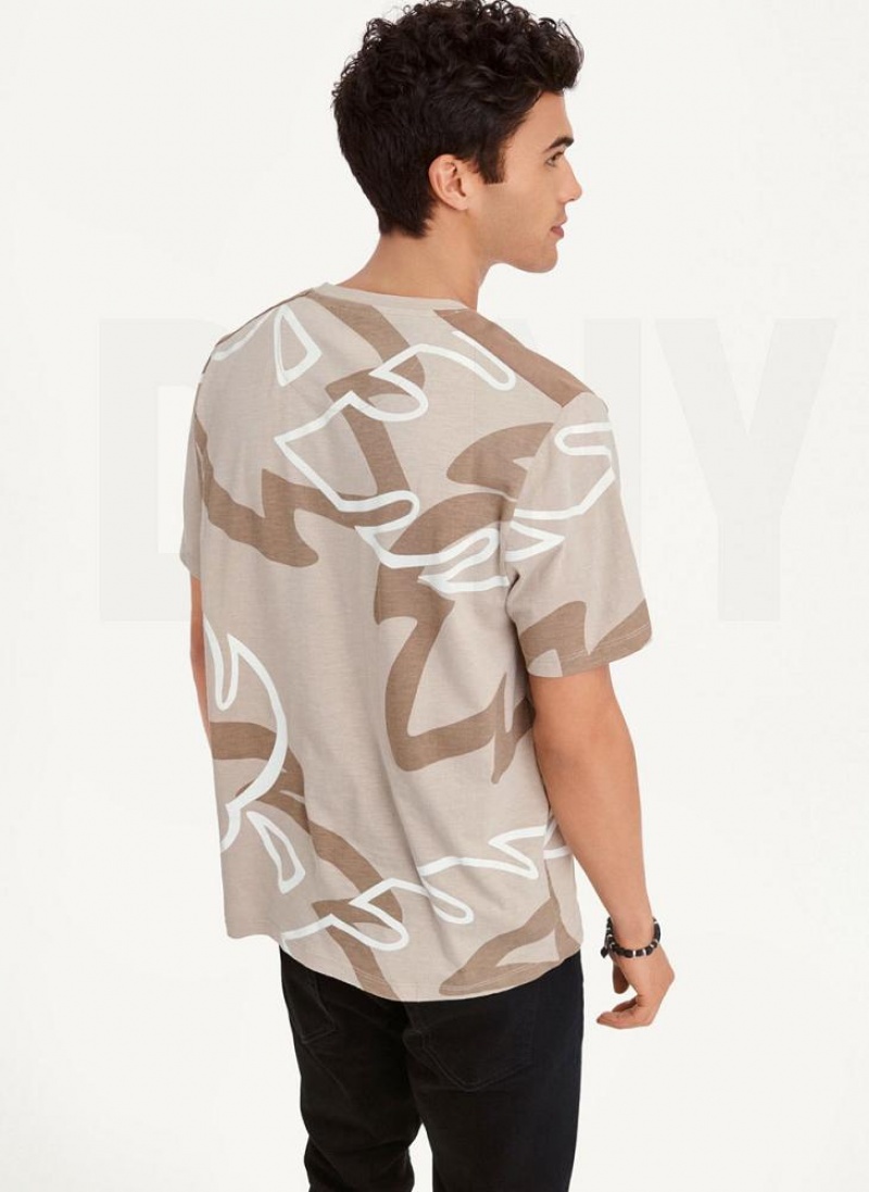 Khaki Men's DKNY Leaves Print Slub Jersey T Shirts | Australia-D1890