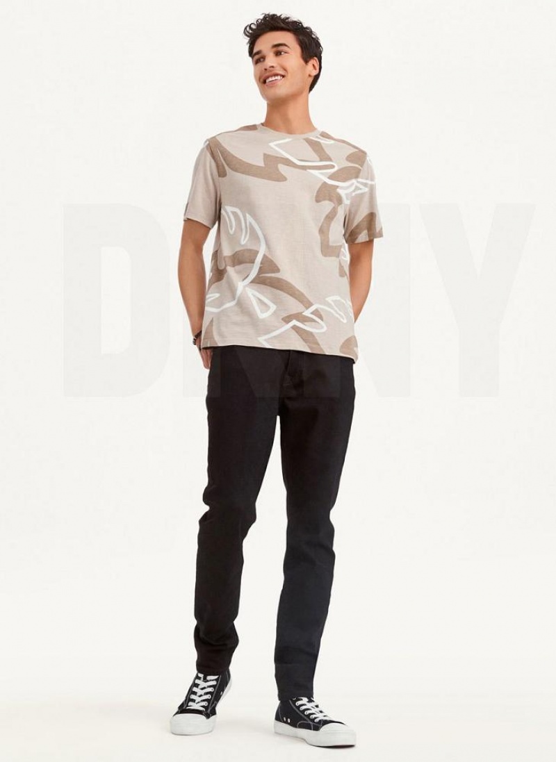 Khaki Men's DKNY Leaves Print Slub Jersey T Shirts | Australia-D1890