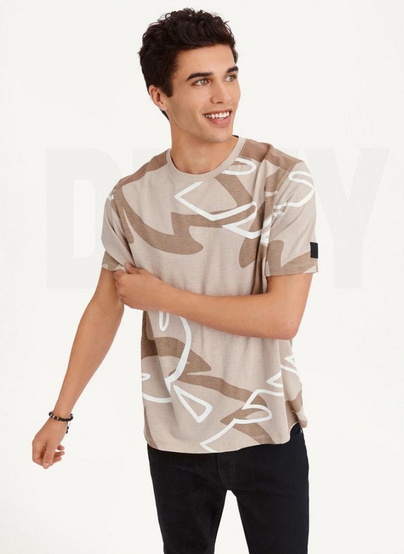 Khaki Men's DKNY Leaves Print Slub Jersey T Shirts | Australia-D1890