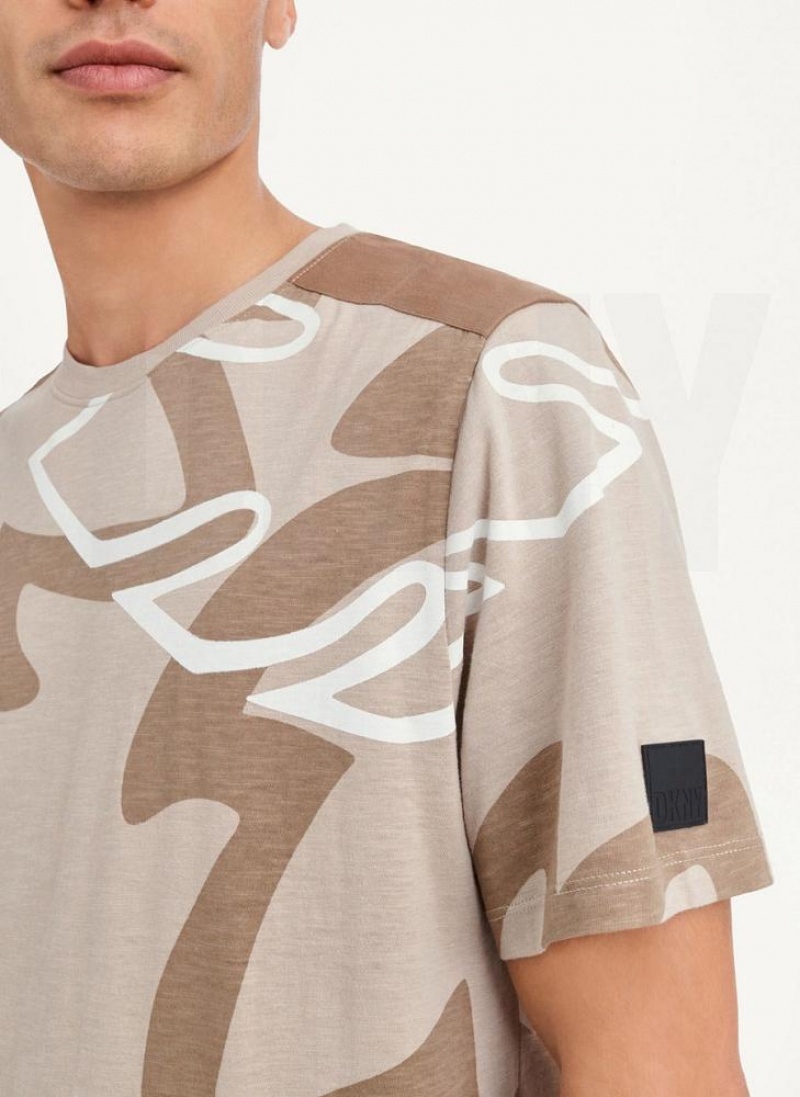 Khaki Men's DKNY Leaves Print Slub Jersey T Shirts | Australia-D1890