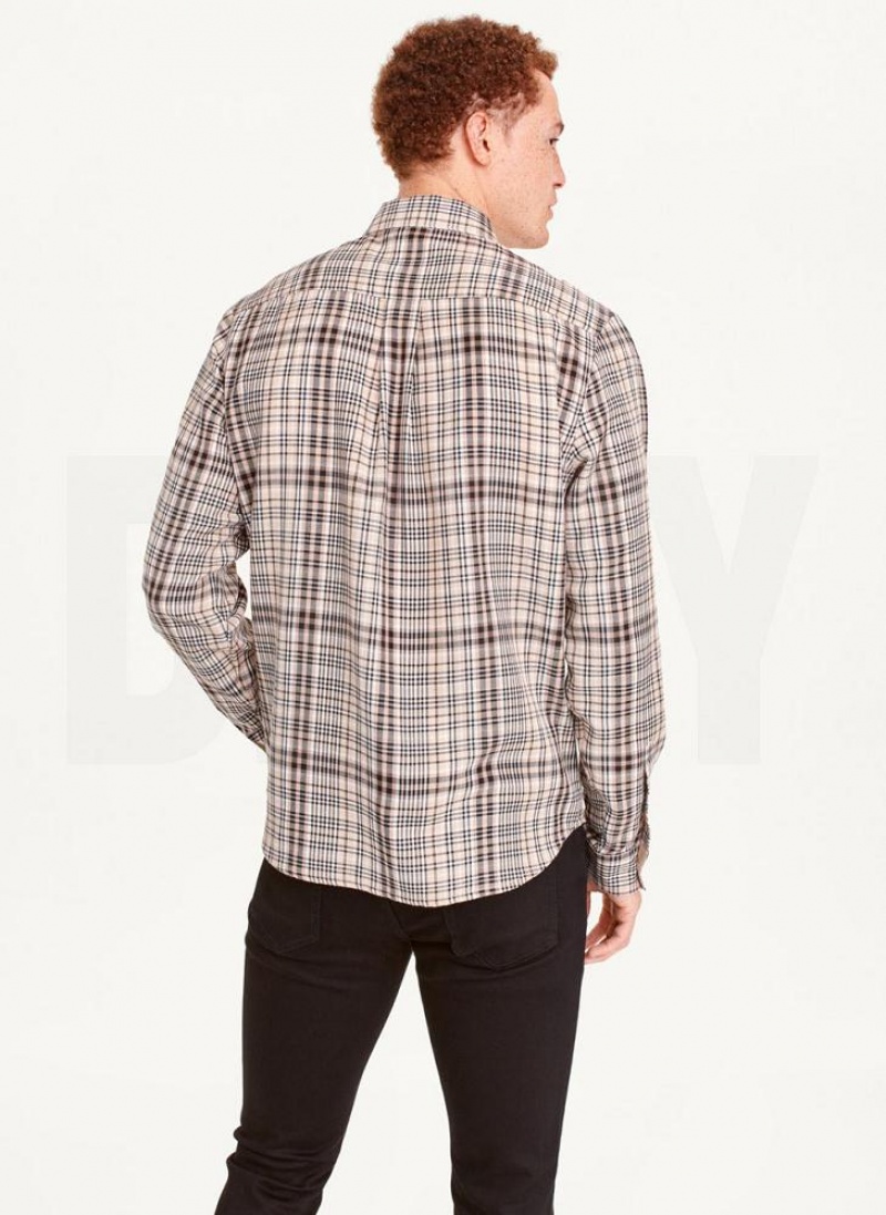 Khaki Men's DKNY Long Sleeve Plaid Khaki Button Up Shirts | Australia-D0713