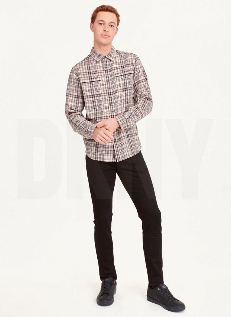 Khaki Men's DKNY Long Sleeve Plaid Khaki Button Up Shirts | Australia-D0713