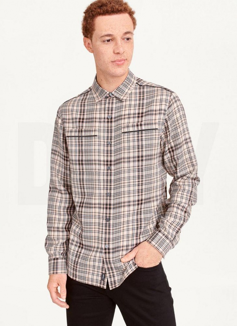 Khaki Men\'s DKNY Long Sleeve Plaid Khaki Button Up Shirts | Australia-D0713