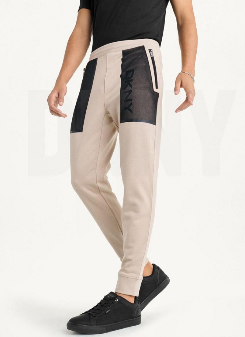 Khaki Men's DKNY Mesh Pocket Logo Pants | Australia-D0478
