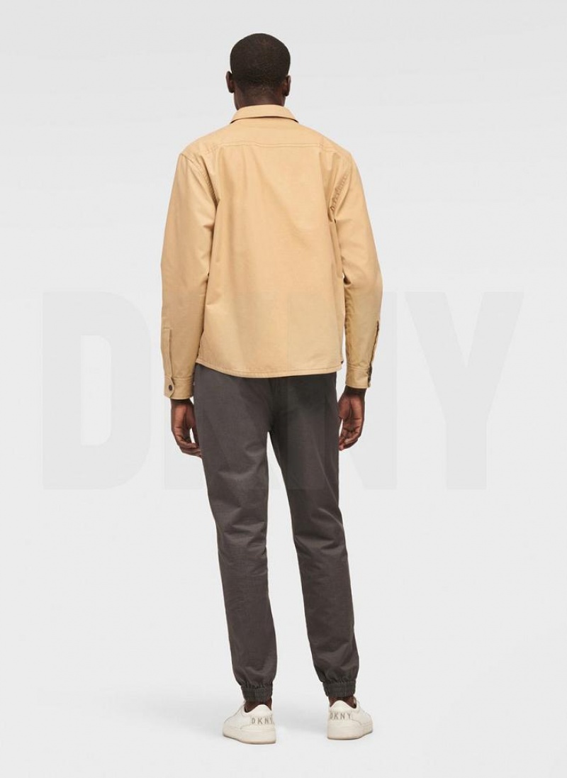 Khaki Men's DKNY Mixed Media PockeT-Shirt Jacket Shirts | Australia-D1287
