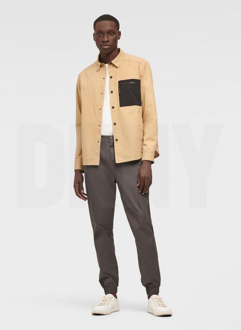 Khaki Men's DKNY Mixed Media PockeT-Shirt Jacket Shirts | Australia-D1287
