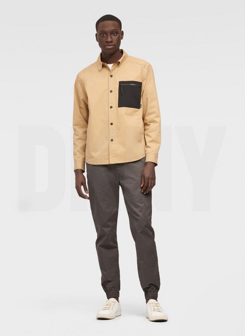 Khaki Men's DKNY Mixed Media PockeT-Shirt Jacket Shirts | Australia-D1287