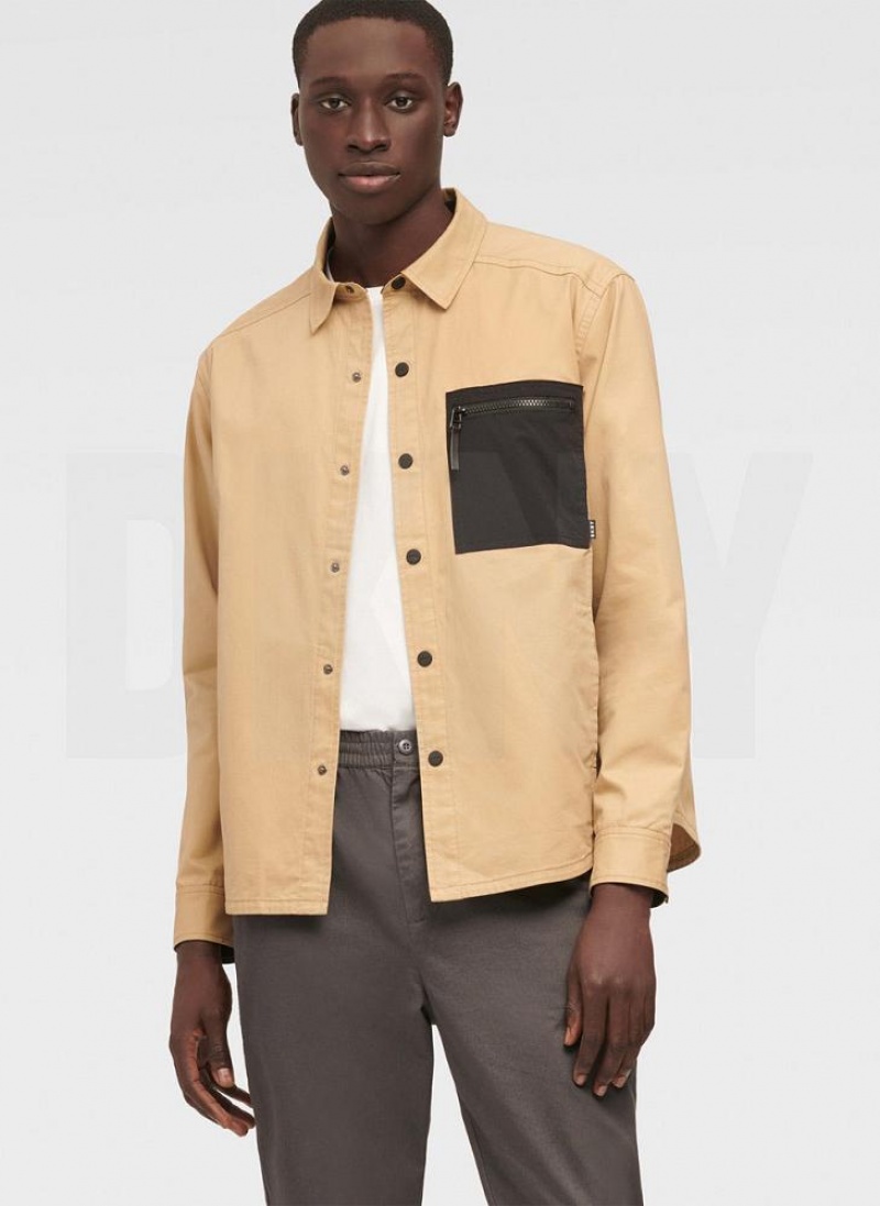 Khaki Men\'s DKNY Mixed Media PockeT-Shirt Jacket Shirts | Australia-D1287
