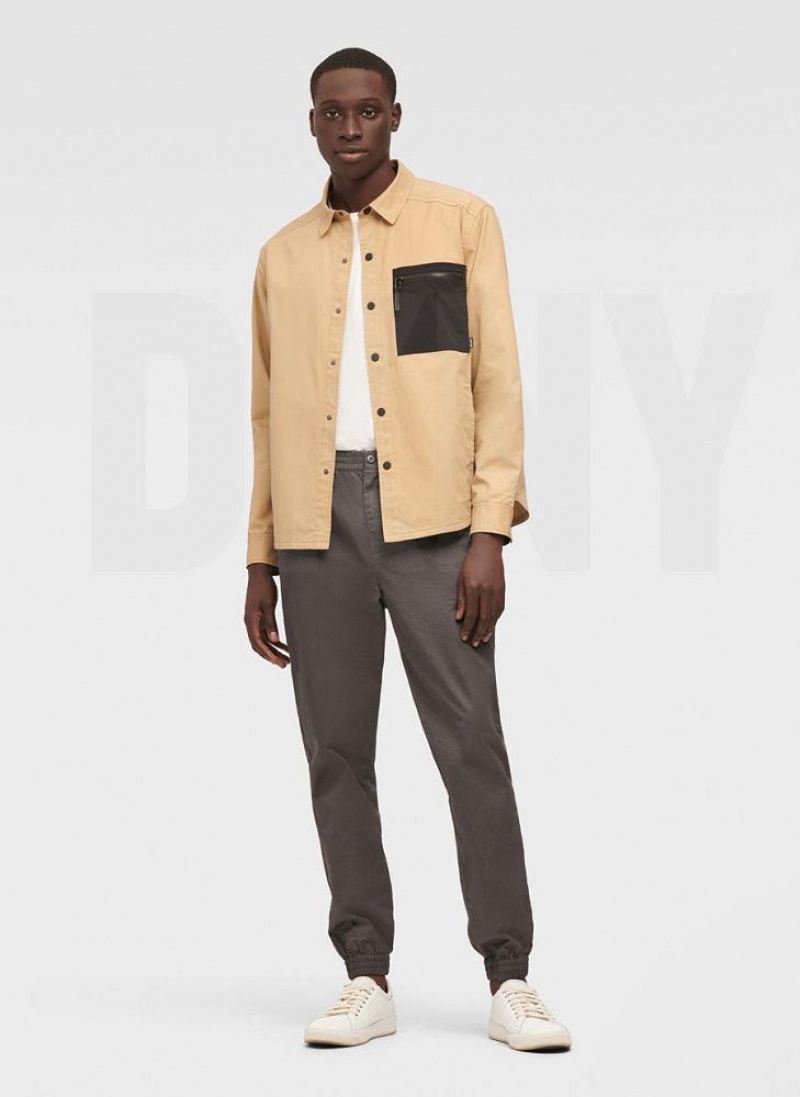 Khaki Men's DKNY Mixed Media PockeT-Shirt Jackets | Australia-D1061