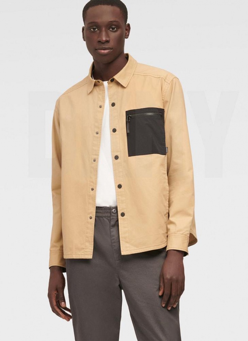 Khaki Men\'s DKNY Mixed Media PockeT-Shirt Jackets | Australia-D1061