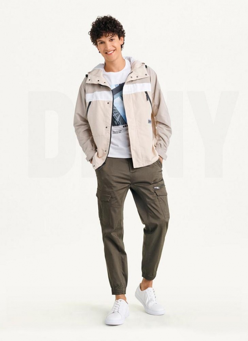 Khaki Men's DKNY Nylon Zip Front Hooded Jackets | Australia-D1720