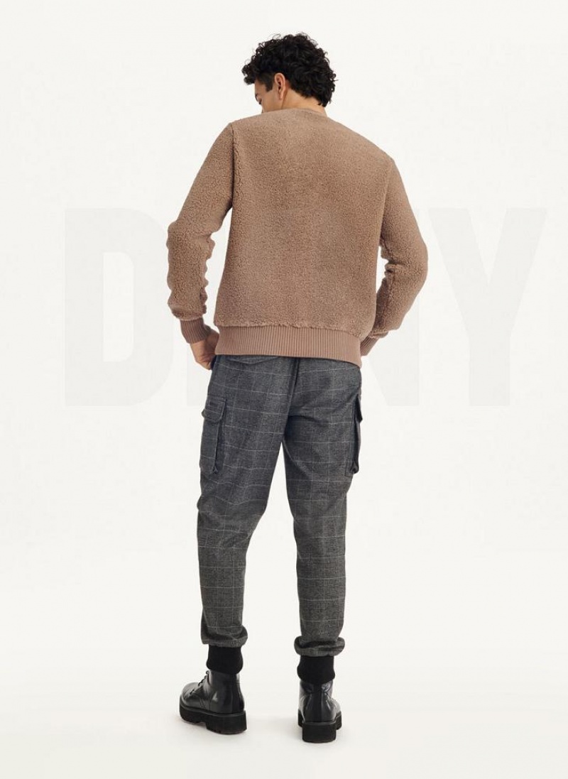 Khaki Men's DKNY Sherpa Long Sleeve Crew Sweatshirts | Australia-D1432