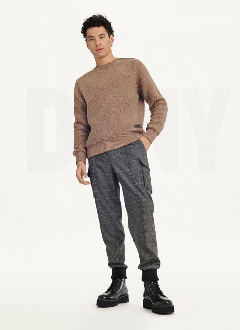 Khaki Men's DKNY Sherpa Long Sleeve Crew Sweatshirts | Australia-D1432