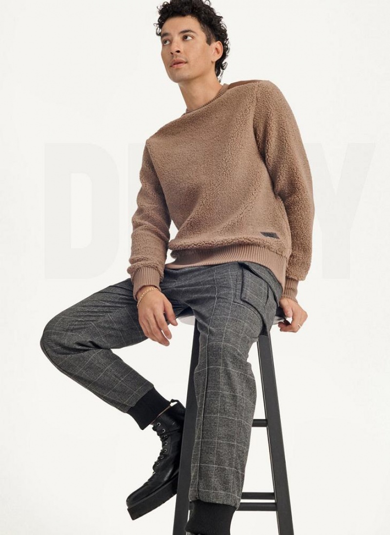 Khaki Men's DKNY Sherpa Long Sleeve Crew Sweatshirts | Australia-D1432
