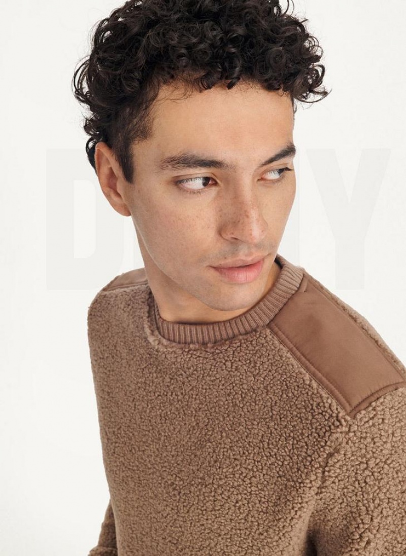 Khaki Men's DKNY Sherpa Long Sleeve Crew Sweatshirts | Australia-D1432