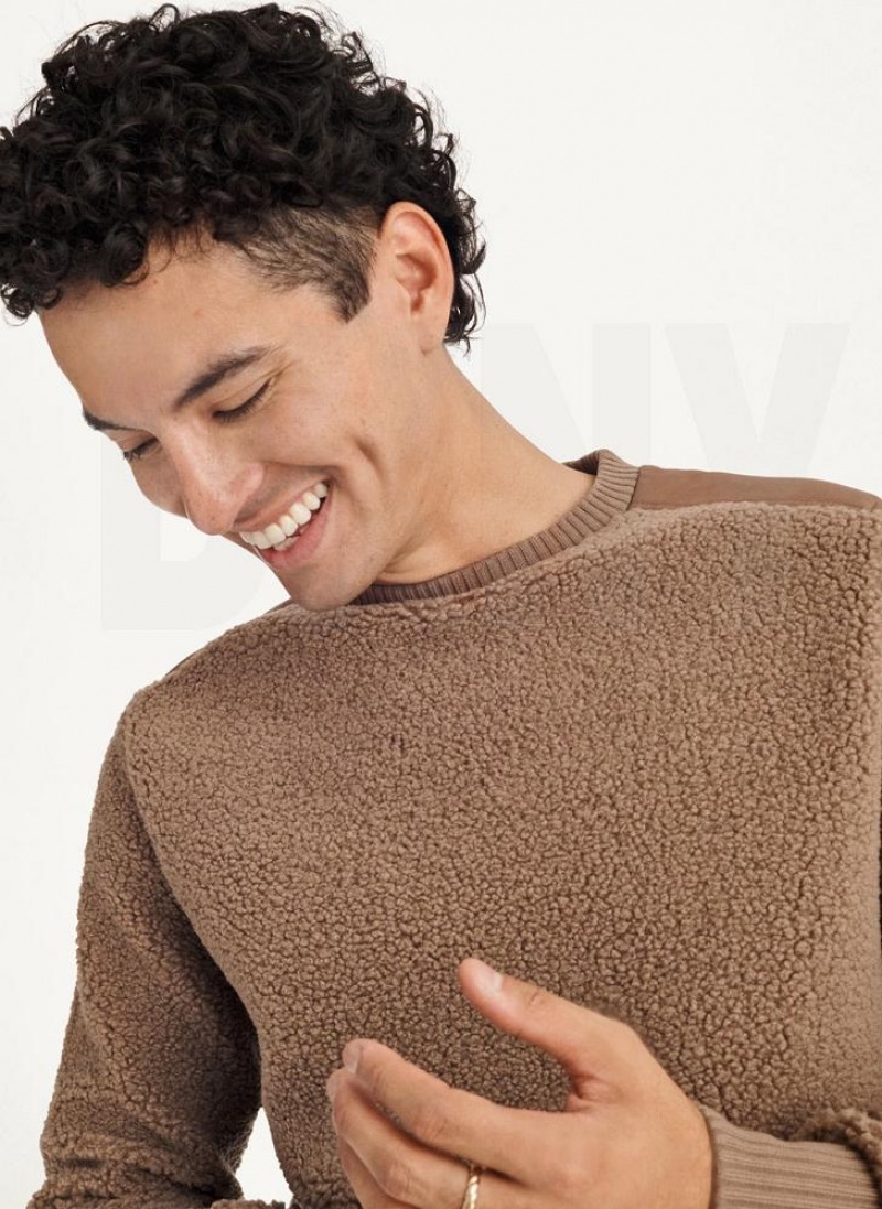 Khaki Men's DKNY Sherpa Long Sleeve Crew Sweatshirts | Australia-D1432