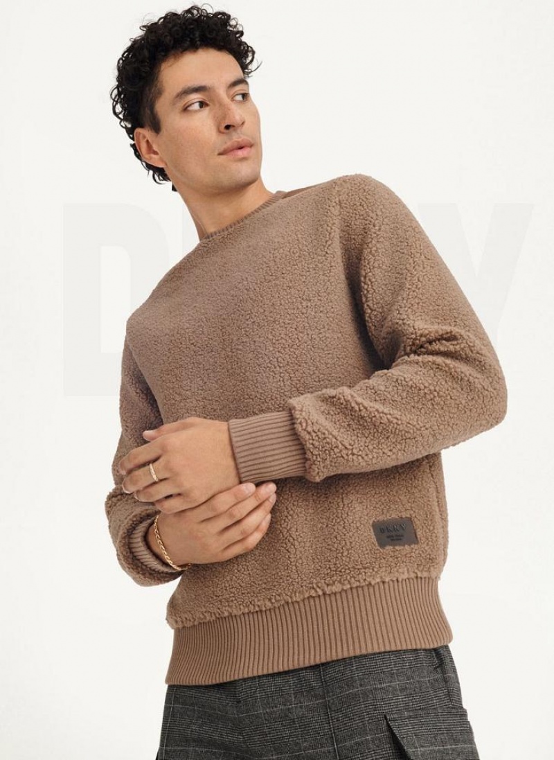 Khaki Men\'s DKNY Sherpa Long Sleeve Crew Sweatshirts | Australia-D1432