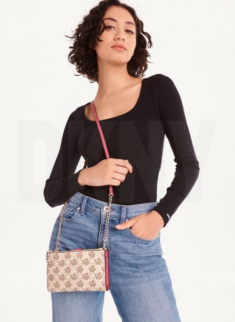 Khaki / Pink Women's DKNY Bryant Logo Crossbody Wallets | Australia-D0980