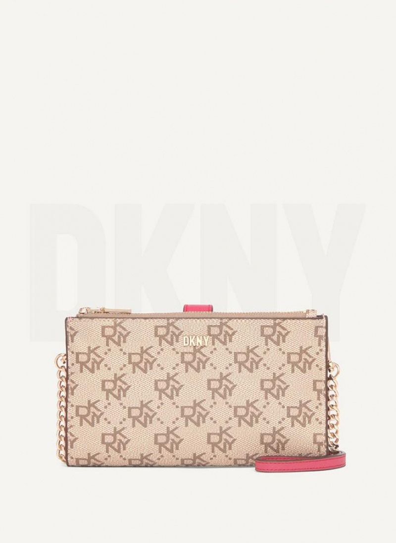 Khaki / Pink Women\'s DKNY Bryant Logo Crossbody Wallets | Australia-D0980
