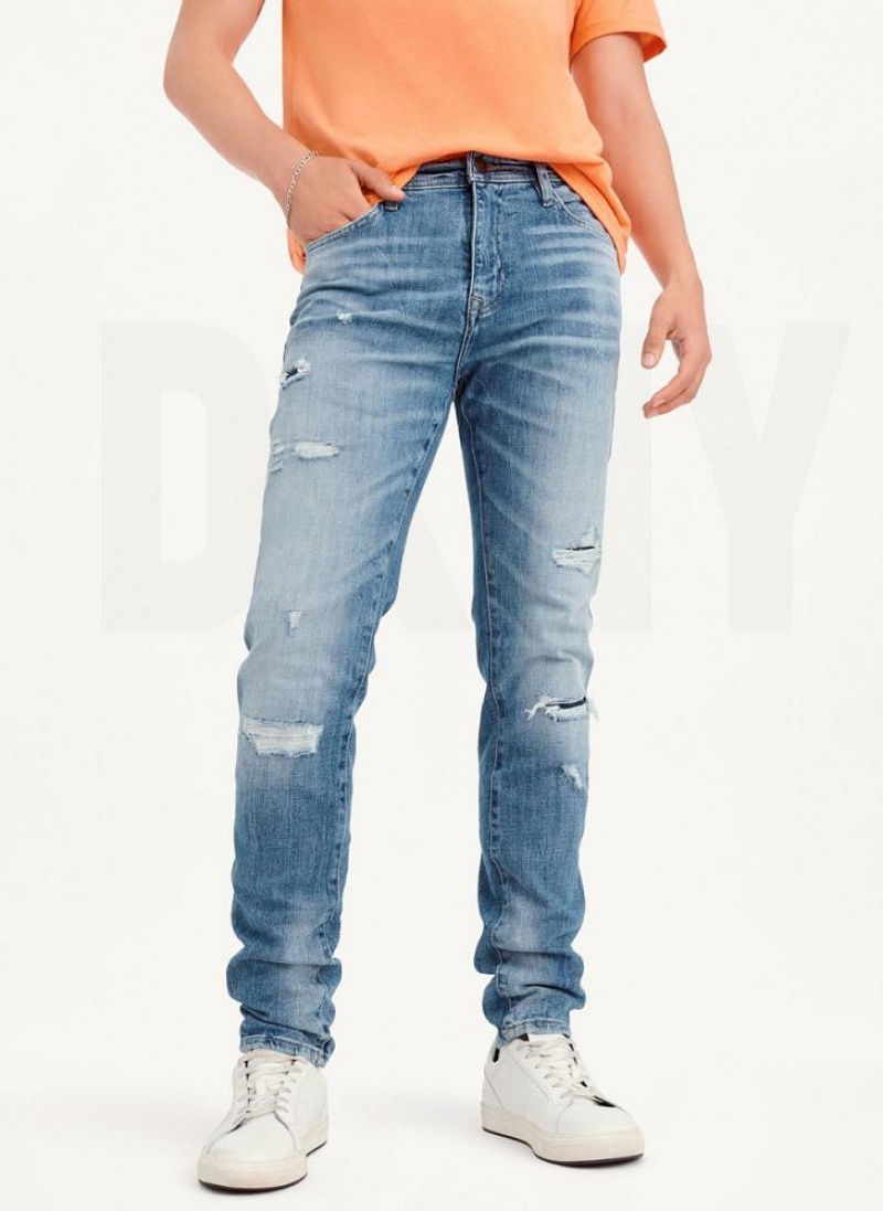 Light Blue Men\'s DKNY Destructed Denim Jeans | Australia-D0904